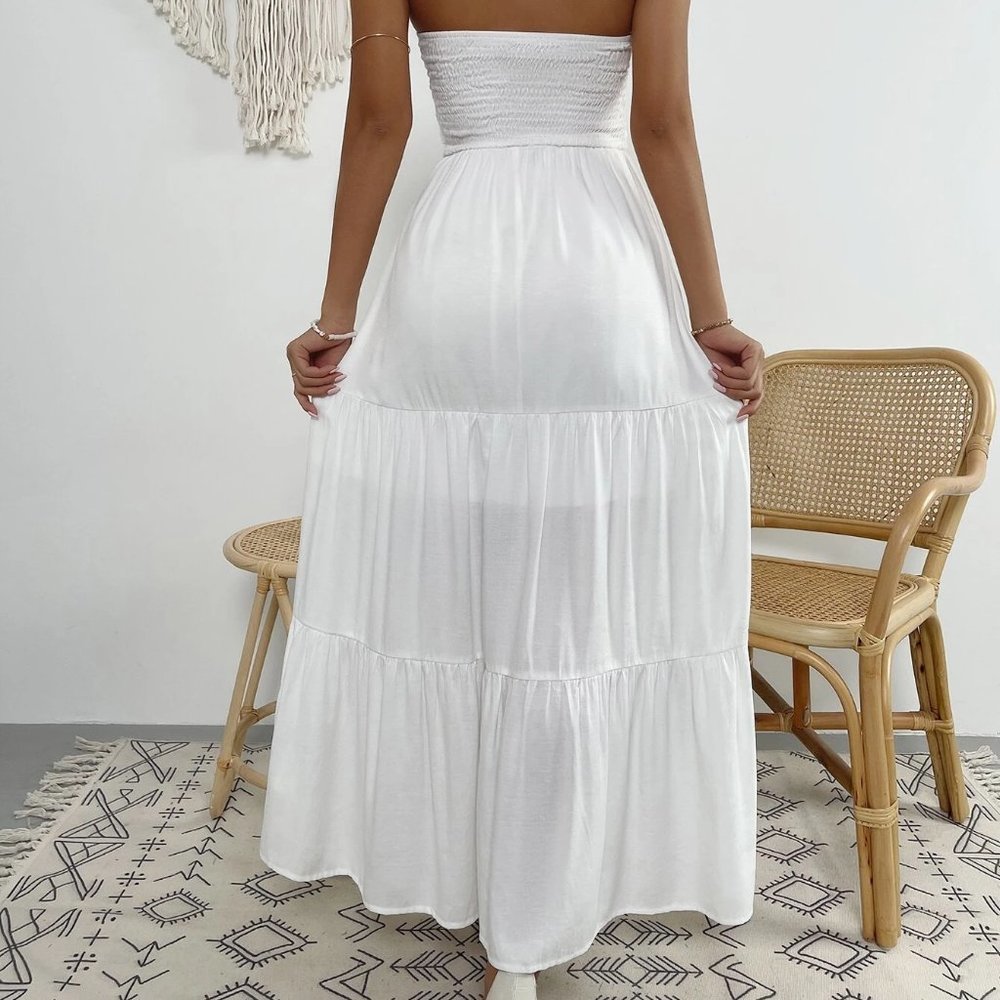 White Preppy Womens Tie Front Shirred Ruffle Hem Tube Dress - Picture 2 of 5